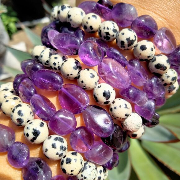 Dalmatian Stone & and Amethyst quartz crystal bracelet set - Picture 2 of 2